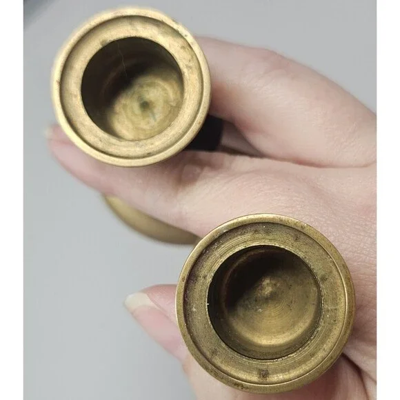 Vintage Pair of MCM Teak Wood & Brass Candle Stick Holders Tapered 3.5" - Picture 9 of 12